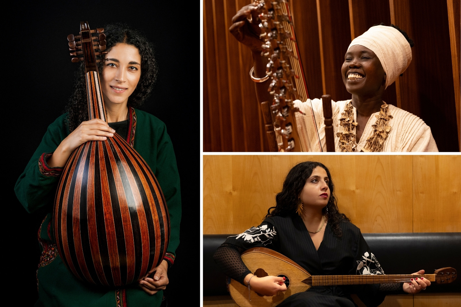 A composite image comprising three portrait photographs of musicians (clockwise from left) Yasamin Shahhosseini, Senny Camara, Farah Kaddour, all holding their instruments