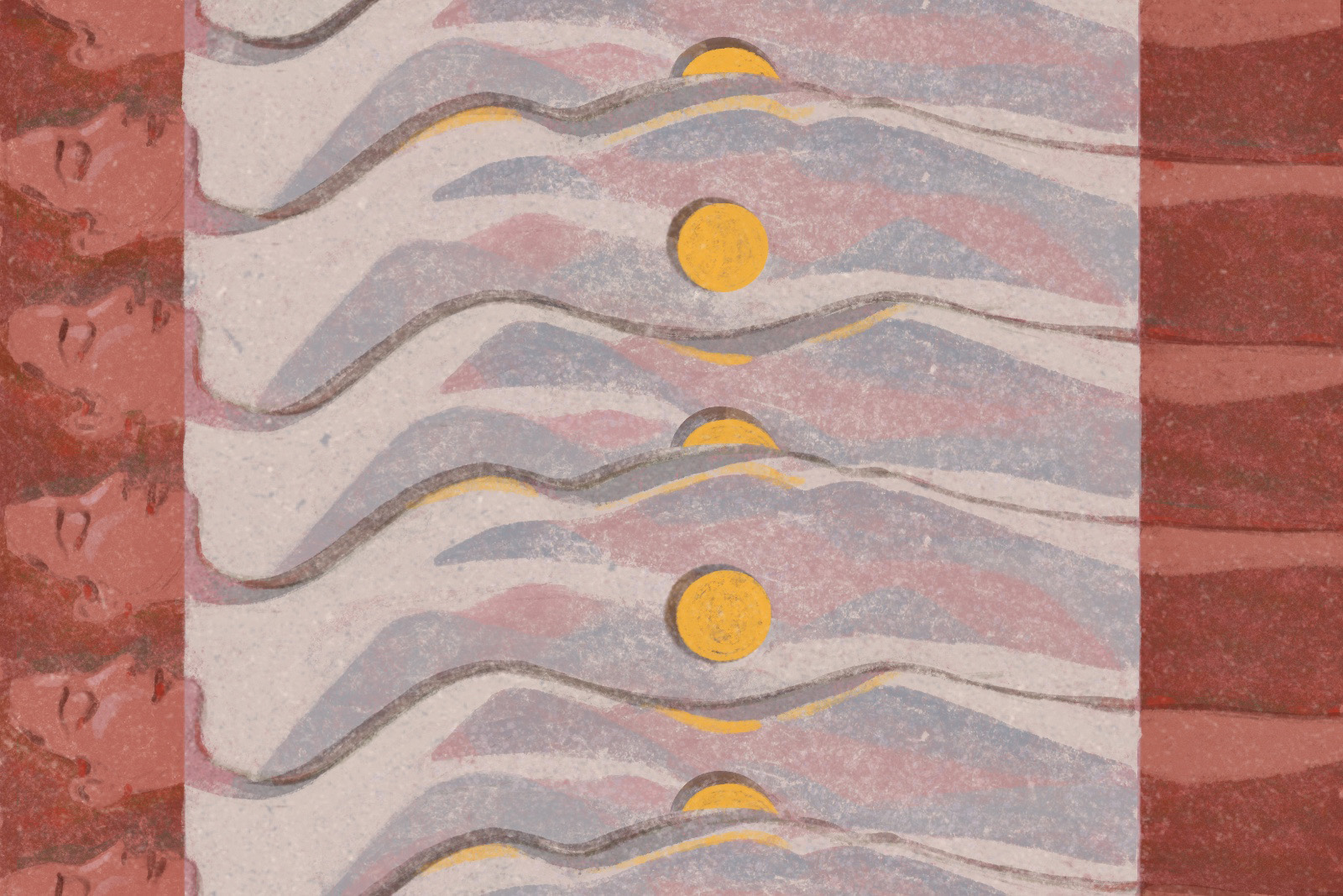 Illustration for an article about using breathwork sessions to deal with suppressed grief, featuring multiple images of the same woman lying down with her eyes closed and a sun rising out of each body