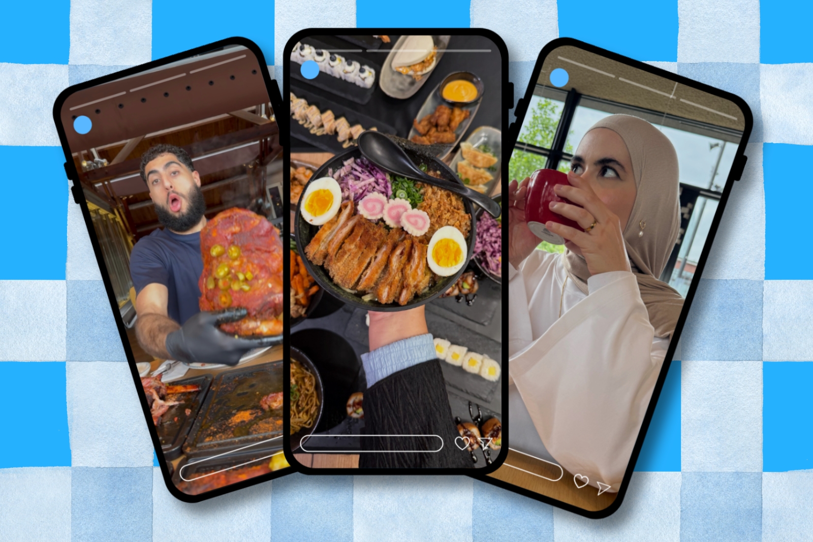A composite image featuring three photographs of European halal food influencers, set artwork of smartphone screens, from the left: Oompie Fais, Brussels Halal Food and The Italian Revert