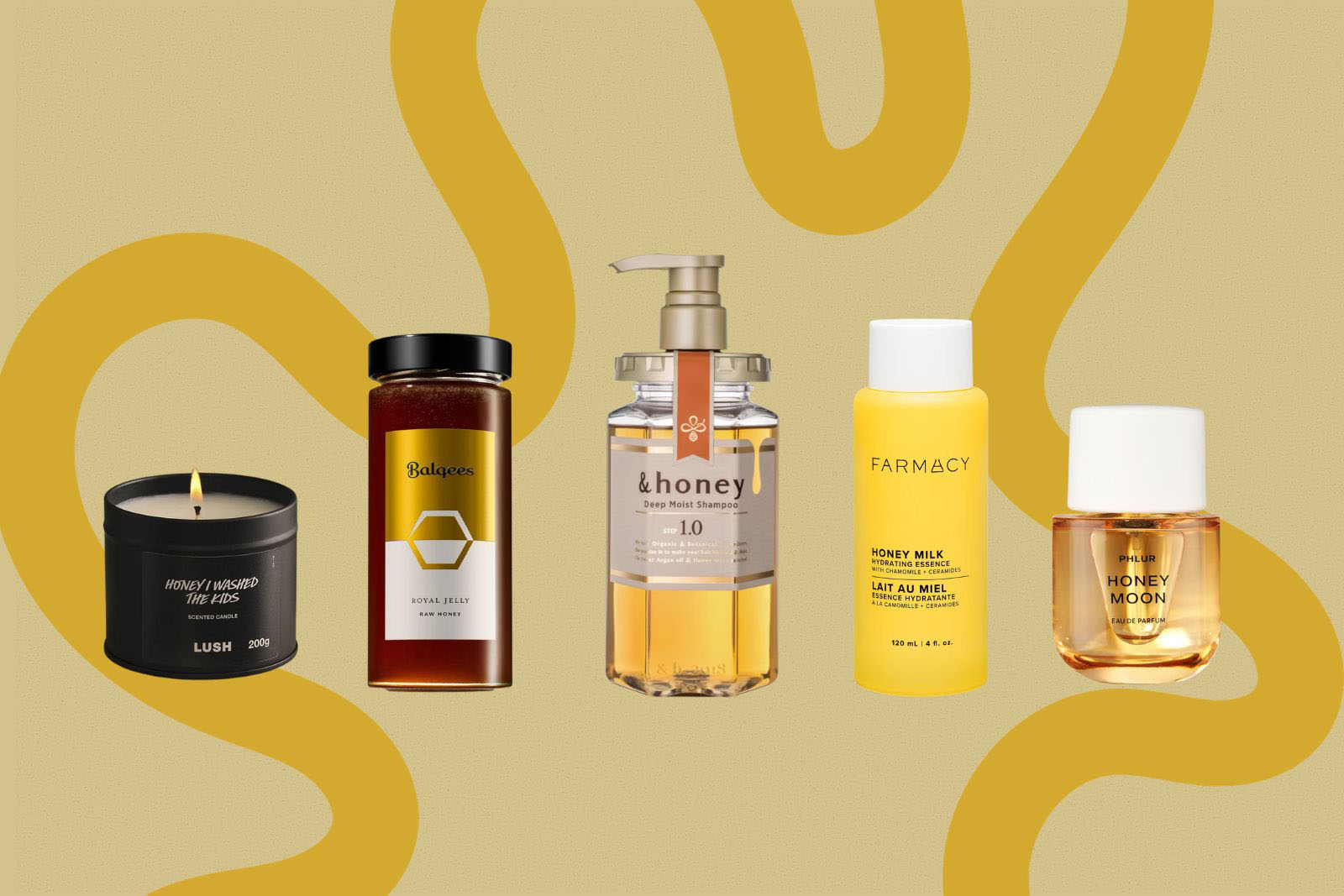 A composite image featuring five honey-based beauty and wellness products, left to right: LUSH candle, Balqees royal jelly raw honey, &honey shampoo, Farmacy hydrating essence and Phlur perfume