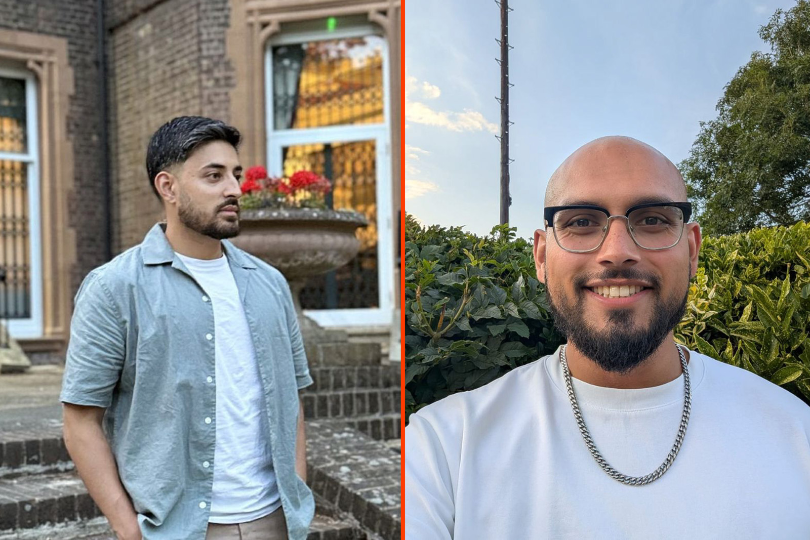 A composite image of two men, one wearing a green shirt and looking into the distance, the other smiling and looking directly at the camera in a white t-shirt and a chain