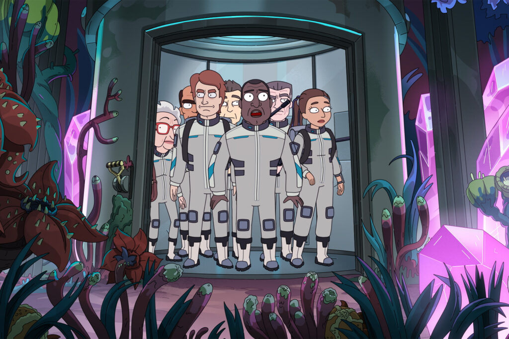 A production still from Rick and Morty spin-off President Curtis, featuring Keith David's titular character, wearing some kind of space suit, about to step out into an alien environment with his team