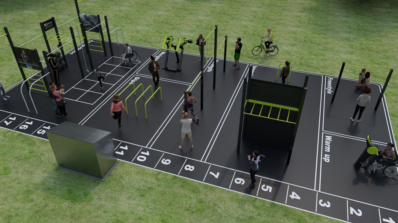 A CGI-generated image showing a black surface with different areas marked out (freestyle, warm up, dips, etc) for calisthenics work, with black and green bars and equipment in each of them. Computer-generated people use the equipment. Around the black surface is grass