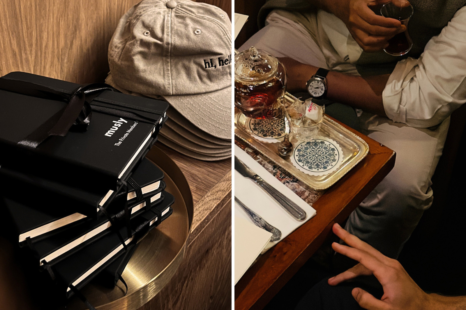 A composite image comprising two photographs, on the left, showing Musly merchandise including notebooks and baseball caps, and on the right member's drinking tea at an event