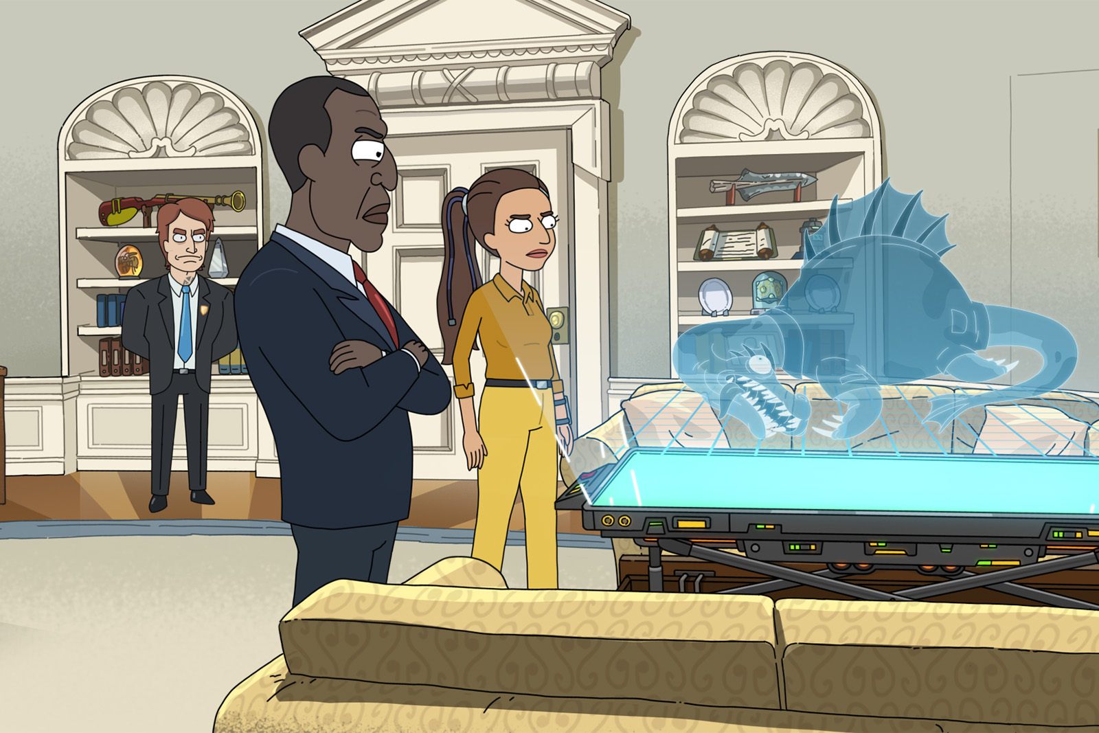 A production still showing President Curtis and colleagues Francis O'Doyle and Roe Banks in the Adult Swim/HBO Max show