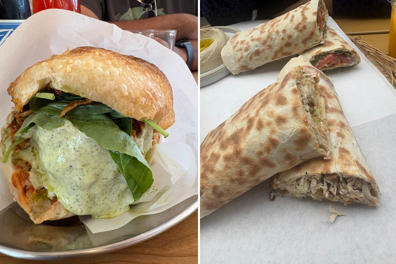 A composite image comprising two close-up photographs, on the left a Logma sourdough pitta filled with kofte and aubergine, and on the right Ta'mini Lebanese Bakery shredded chicken wrap in flatbread