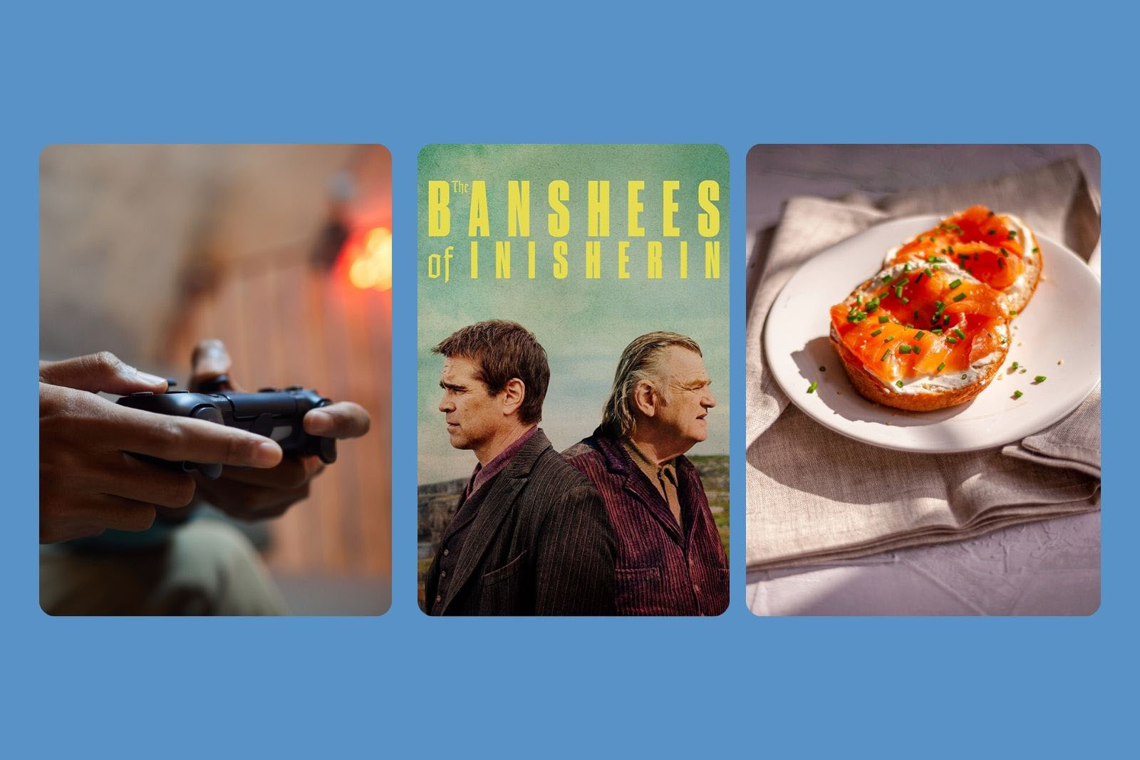 A composite image featuring three photographs of things standup comedian Hasan Al-Habib likes, from left to right: a Playstation controller, The Banshees of Inisherin, salmon and cream cheese bagel