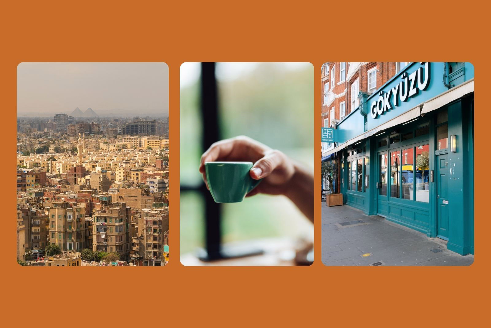 A composite image comprised of photographs of three things standup comedian Omar Badawy likes (left to right): Cairo, grabbing coffee, Gökyüzü Turkish restaurant in Green Lanes, north London
