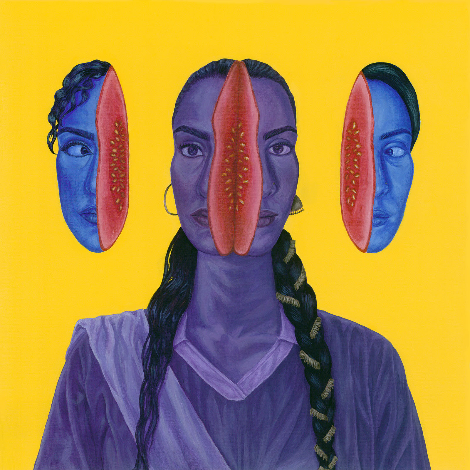 The cover art for Canal View, ZAINAB's debut EP, featuring a  painting of a woman's head split in two, with what appears to be the centre of a fruit or vegetable inside