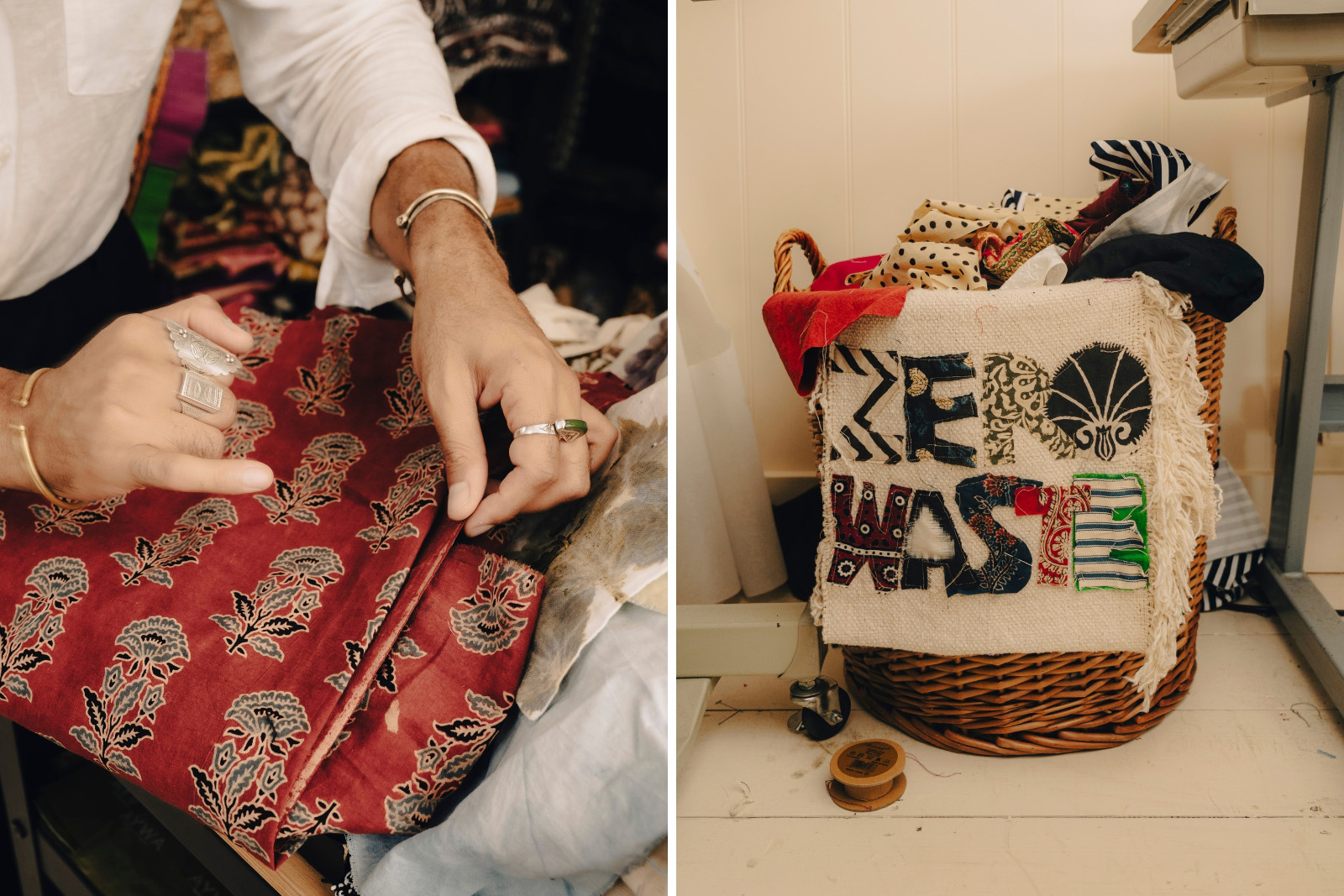 Waqaas Ahmed looking at a fabric detail and the basket for fabric scraps