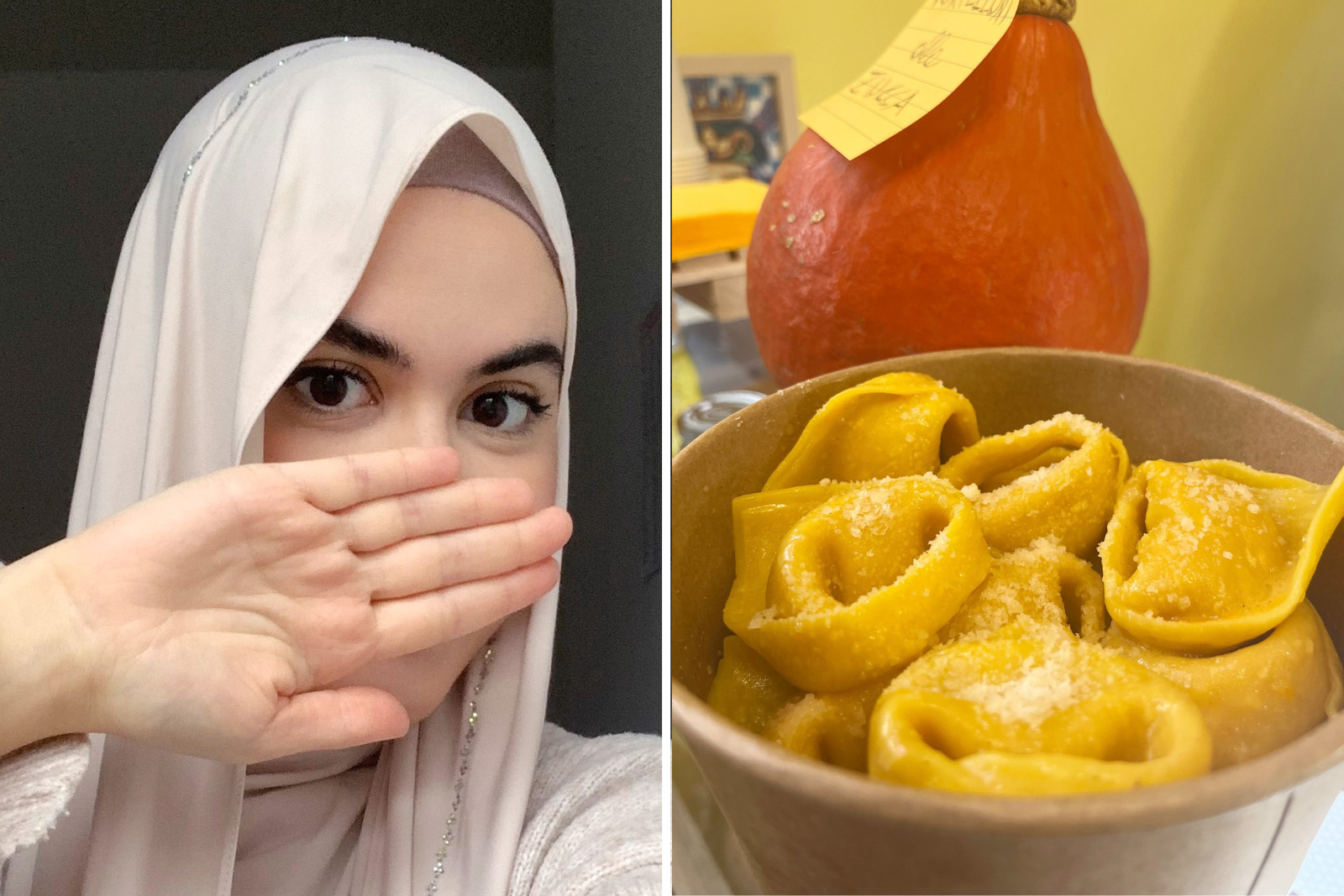 A composite image comprising two photographs, on the left a portrait of halal food influencer The Italian Revert, wearing a headscarf and with her right hand over her face, palm facing the camera; on the right a bowl of pasta from halal deli Brodellini in Bologna