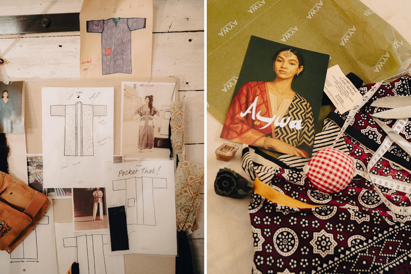 Left: inspiration images and abaya sketches on the wall of the AYWA studio right: Detail of sewing equipment, Aywa packaging and abaya on table