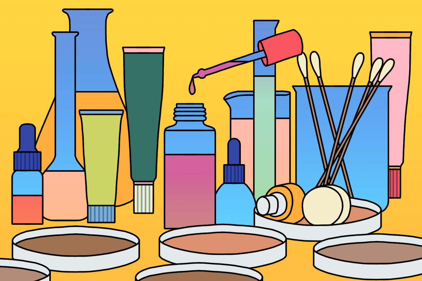 Illustration for an article about the best skincare ingredients for black and brown skin, featuring a host of bottles, tubes and pipettes containing liquids in a variety of colours