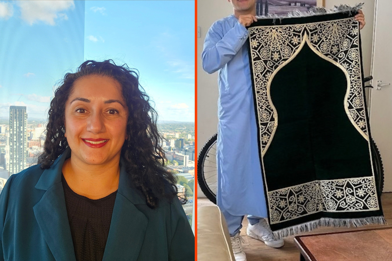 A split image: a smiling woman on the left, and a young person, their face obscured, holding up a black and gold coloured prayer mat