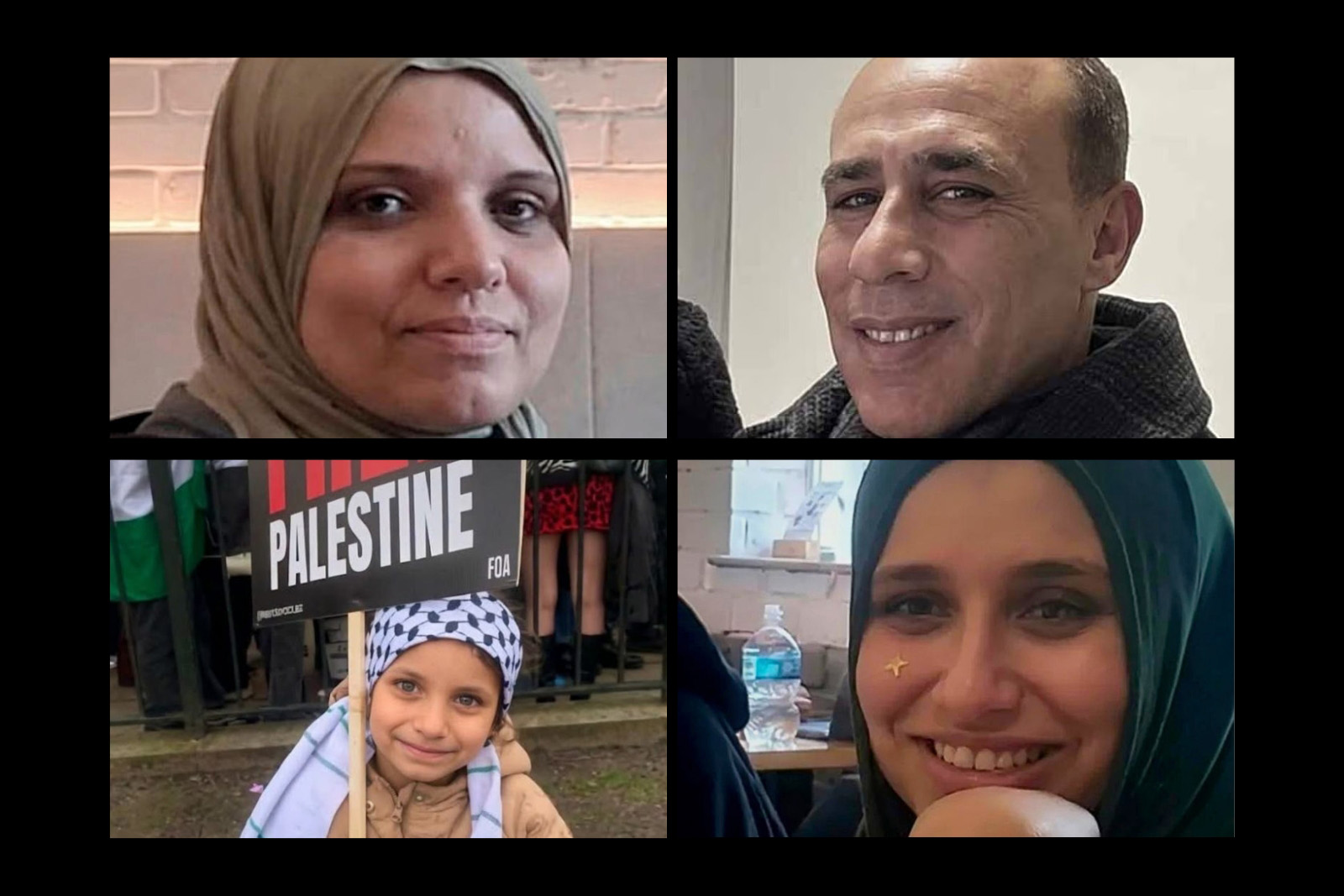 A composite image comprising four photographs of the Palestinian family who died while swimming in the sea at Shoreham in August 2026: (Clockwise from top left) Zeina Alayn, Husam El-Khawwas, Sara El-Khawwas, Saja El-Khawwas