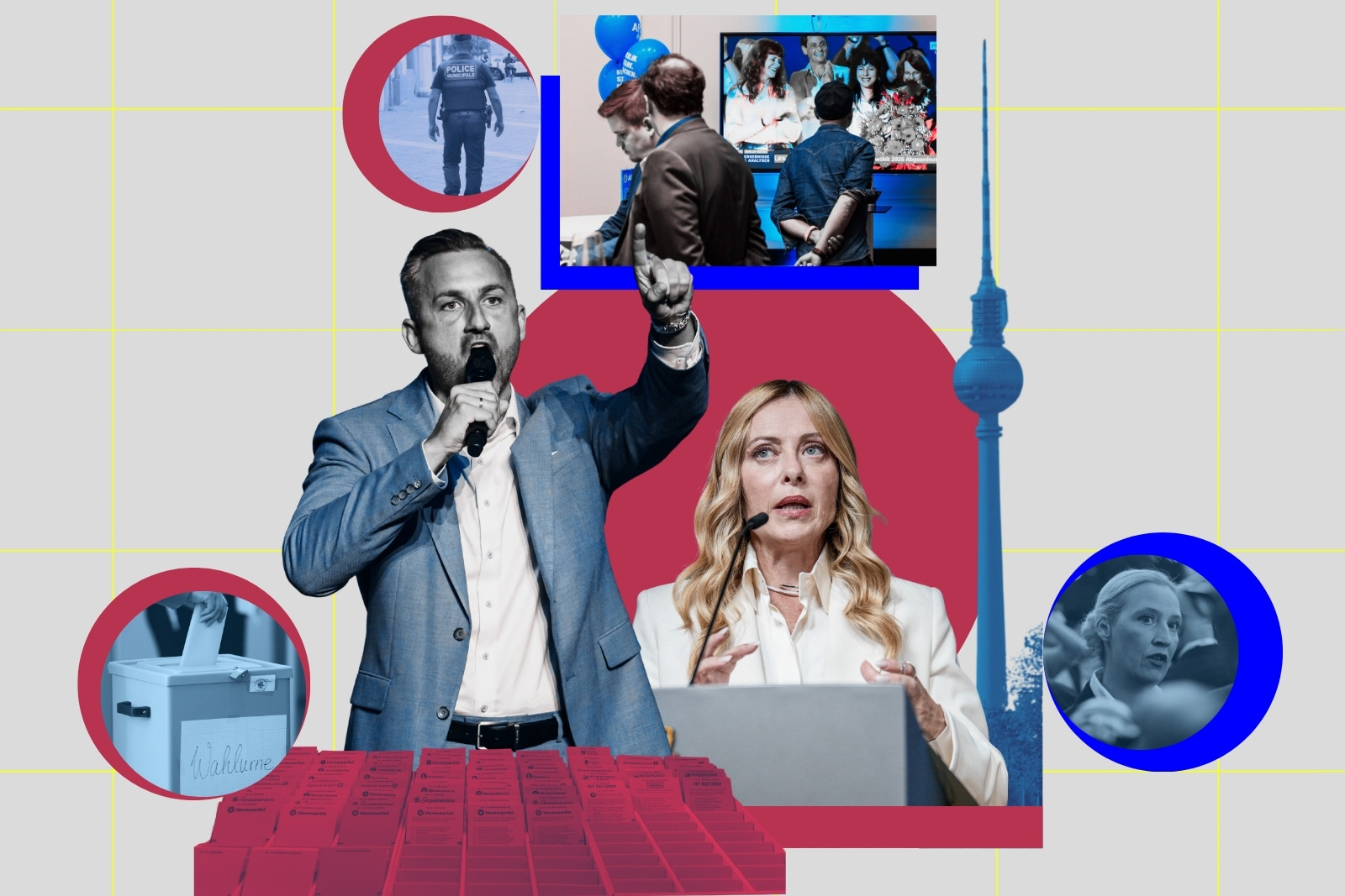 A composite image comprising photographs of, clockwise from top left: a French policeman, Die Linke Berlin leader Elif Eralp on a TV screen celebrating victory in the municipal election, AfD national leader Alice Weidel, Italian prime minister Giorgia Meloni, AfD leader in Saxony-Anhalt Ulrich Siegmund, a German ballot box