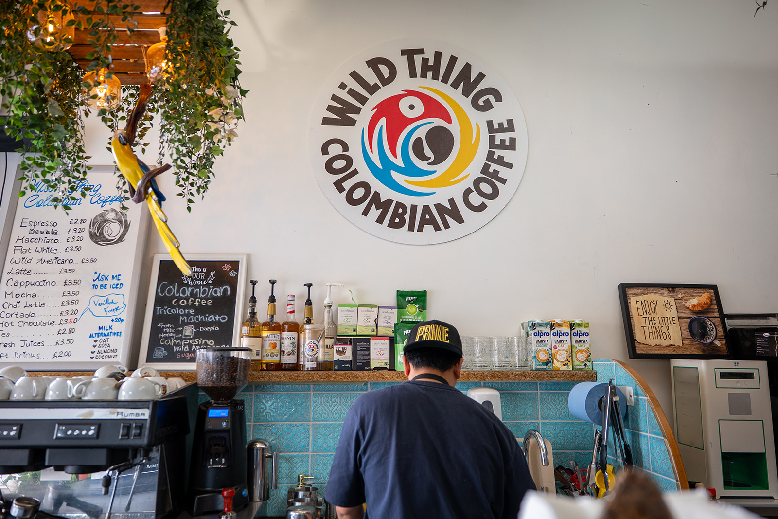 A photograph taken inside west London cafe Wild Thing Columbian Coffee, featuring the serving counter with an employee, with his back to the camera, preparing an order under a large Wild Thing Columbian Coffee sign on the back wall