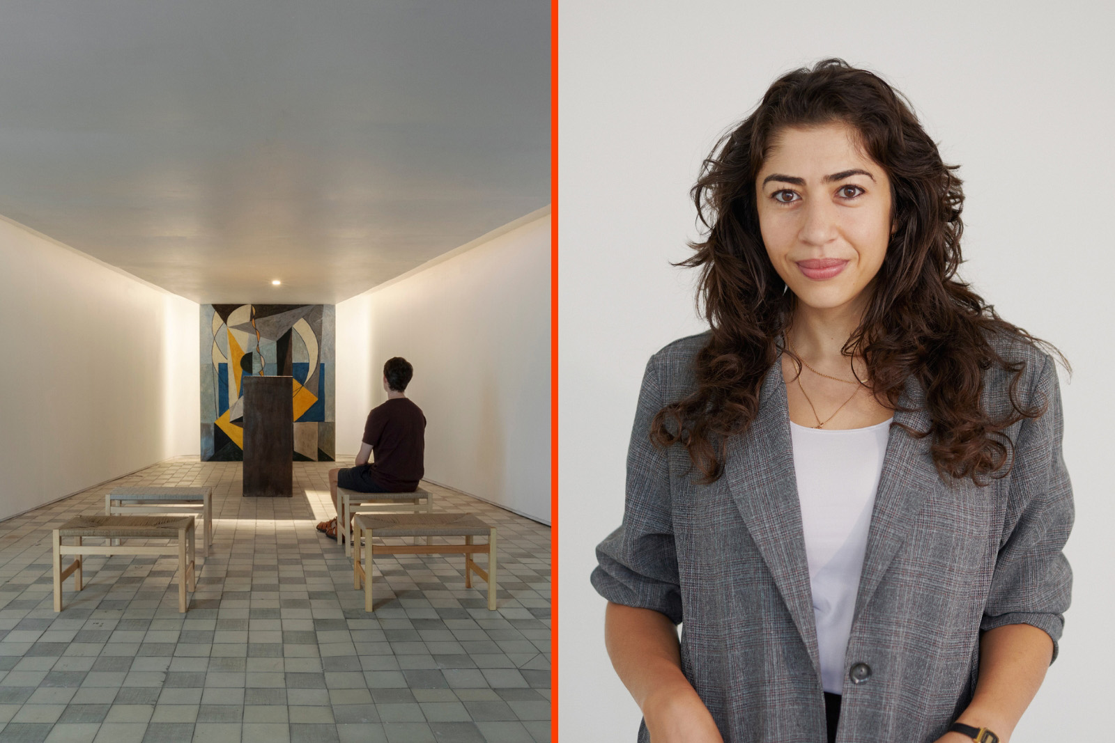 A composite image comprising two photographs, on the left the Sacred Spaces Meditation Room at Stockholm neighbourhood art space Konstall C; and on the right a portrait image of curator Mariam Elnozahy, wearing a white top and grey jacket
