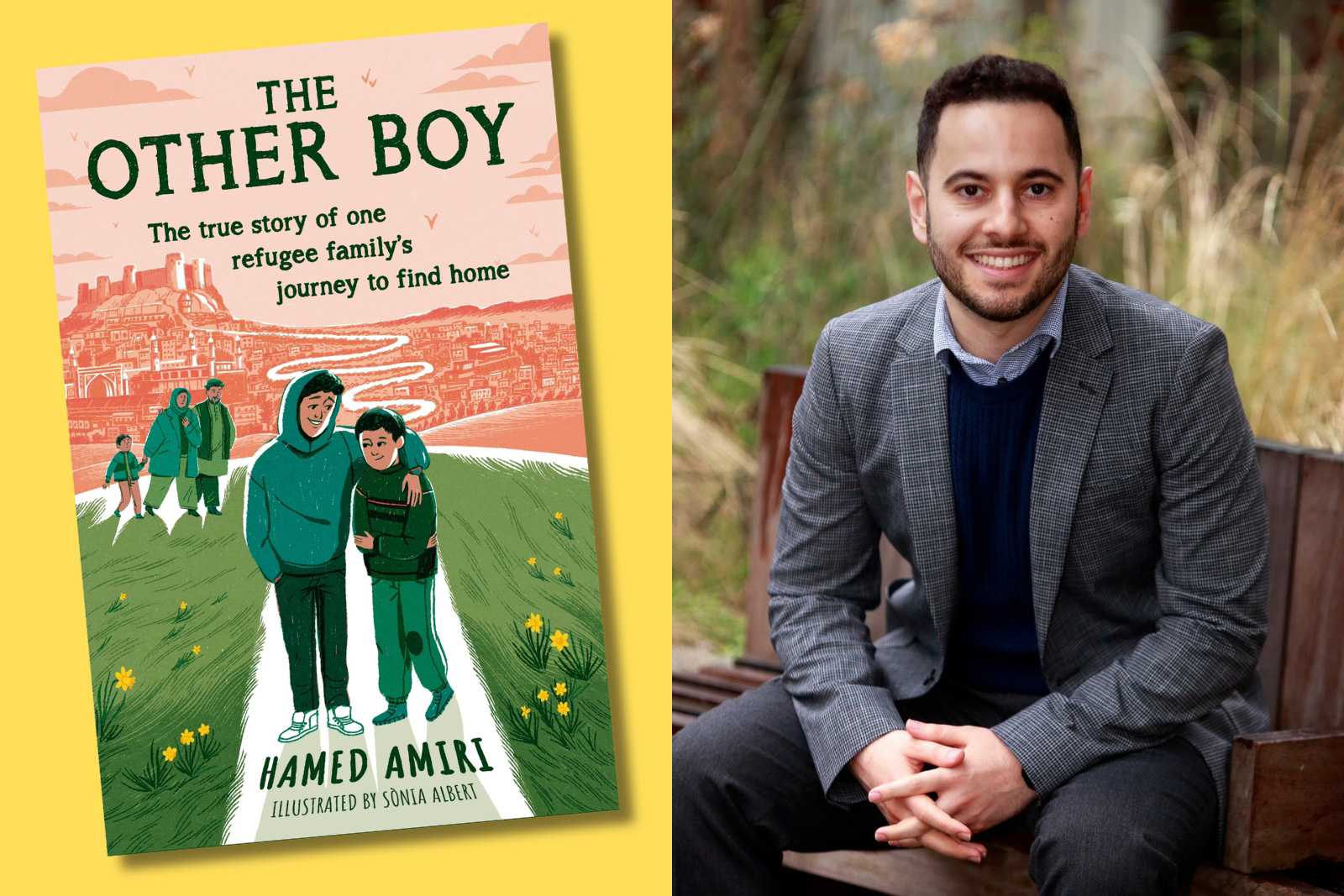A composite image comprising two photographs, on the left the cover of The Other Boy, on the right a profile picture of its author Hamed Amiri