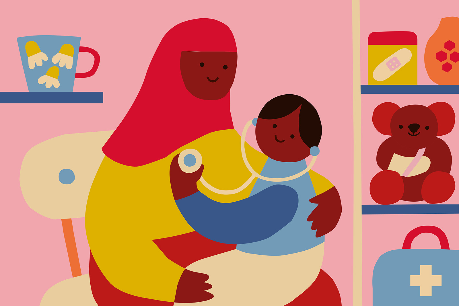 Illustration for an article about a GP who's started a YouTube health education channel for children, featuring a child sitting on their mother's lap and holding a stethoscope to her chest