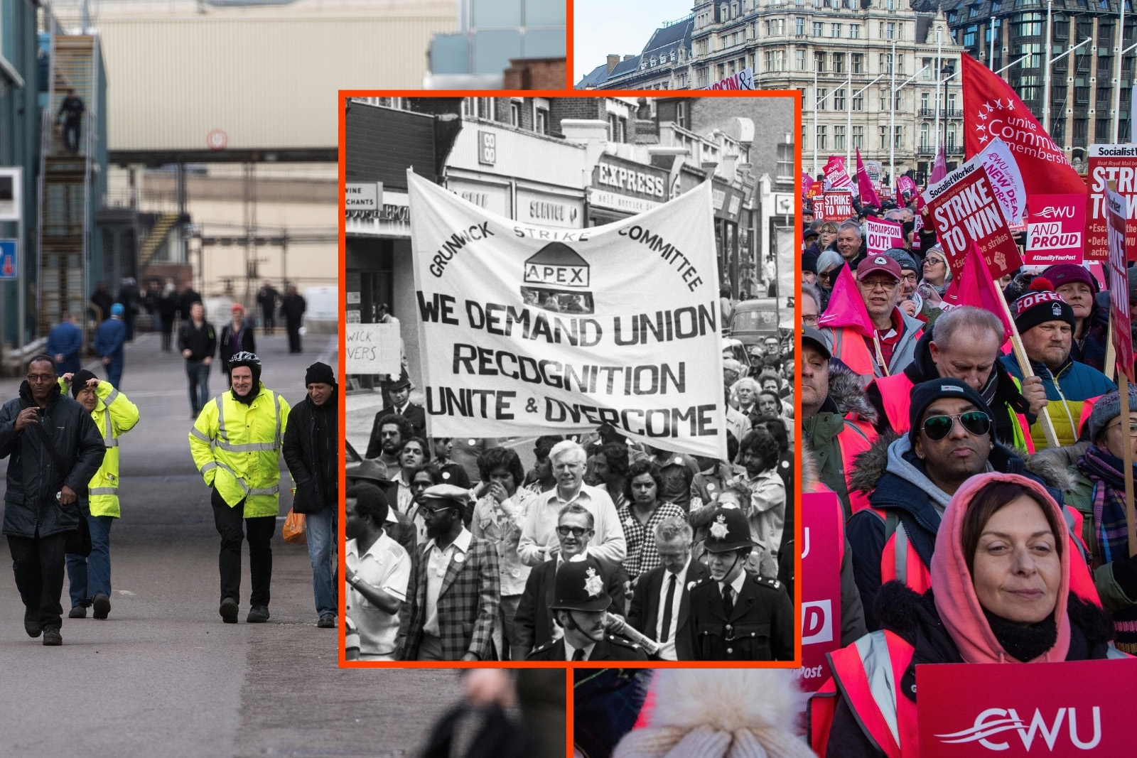 A composite image comprising three photographs, from left to right: workers leaving the Vauxhall plant in Luton, 2017; miners marching in solidarity with striking Grunwick workers, 1977; Royal Mail staff from the CWU union protesting over pay and conditions, 2022