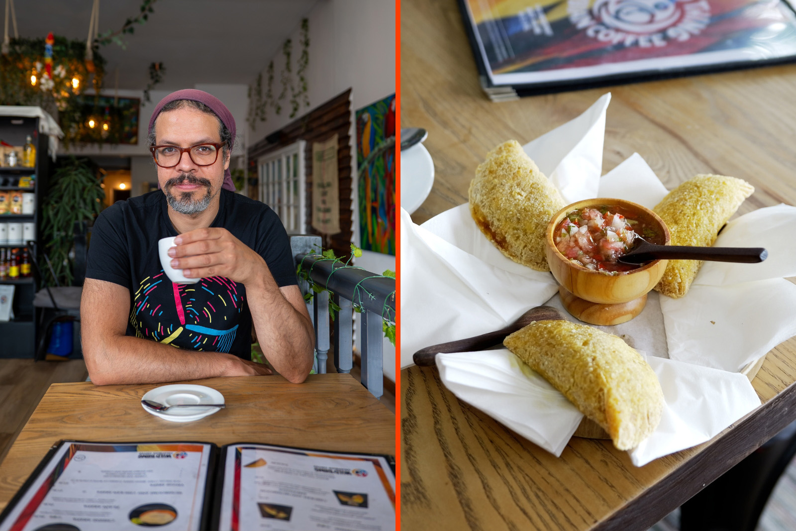 A composite image comprising two photographs, on the left Hyphen's Samir Jeraj having a drink at a table in the cafe; on the right a serving of Wild Thing Columbian Coffee empanadas