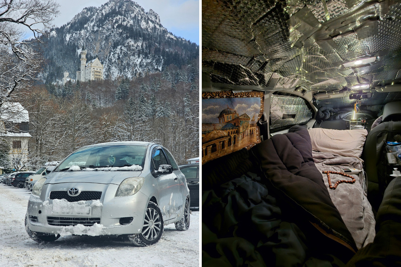 A composite image comprising two photographs of Haris Tagari's Toyota Yaris: on the left, in southern France on a previous trip, with snow on the ground, bonnet and windscreen and a rocky hill in the background; and on the right, the interior of the car converted as a place to live and sleep, with a makeshift bed spread across the passenger and back seats and crude insulation on the ceiling and windows