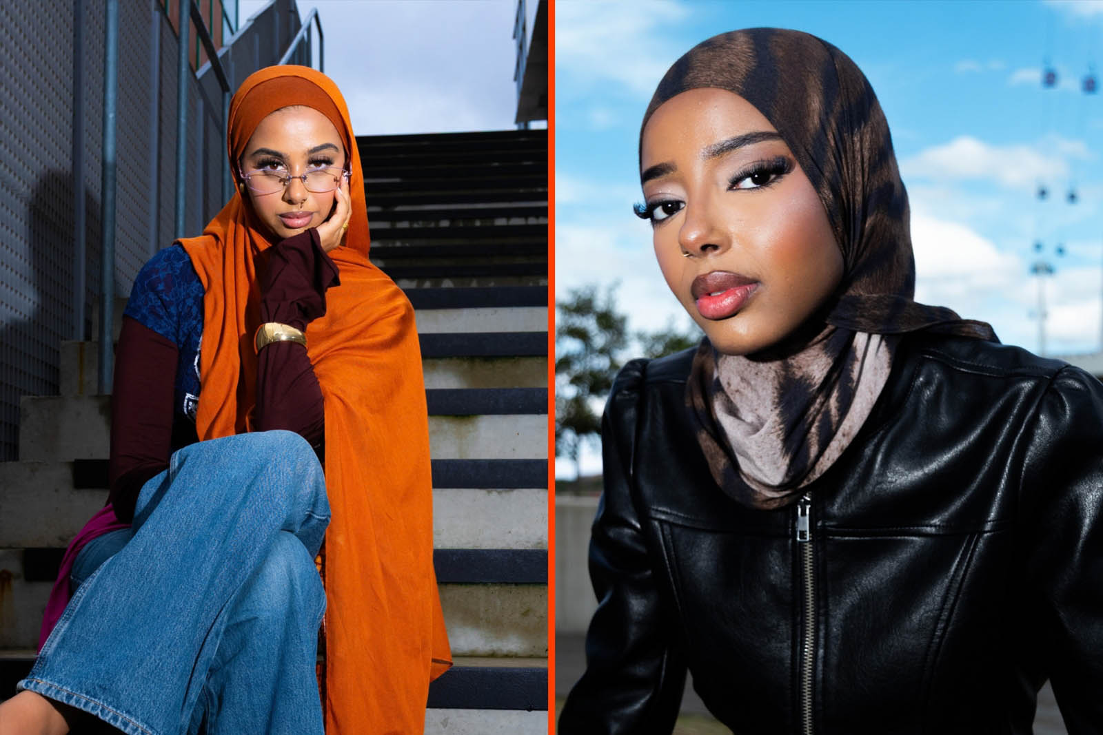 A composite image comprising two portrait photographs of hijabi fashion models: Saniya (on the left) and Juwayriya Ali