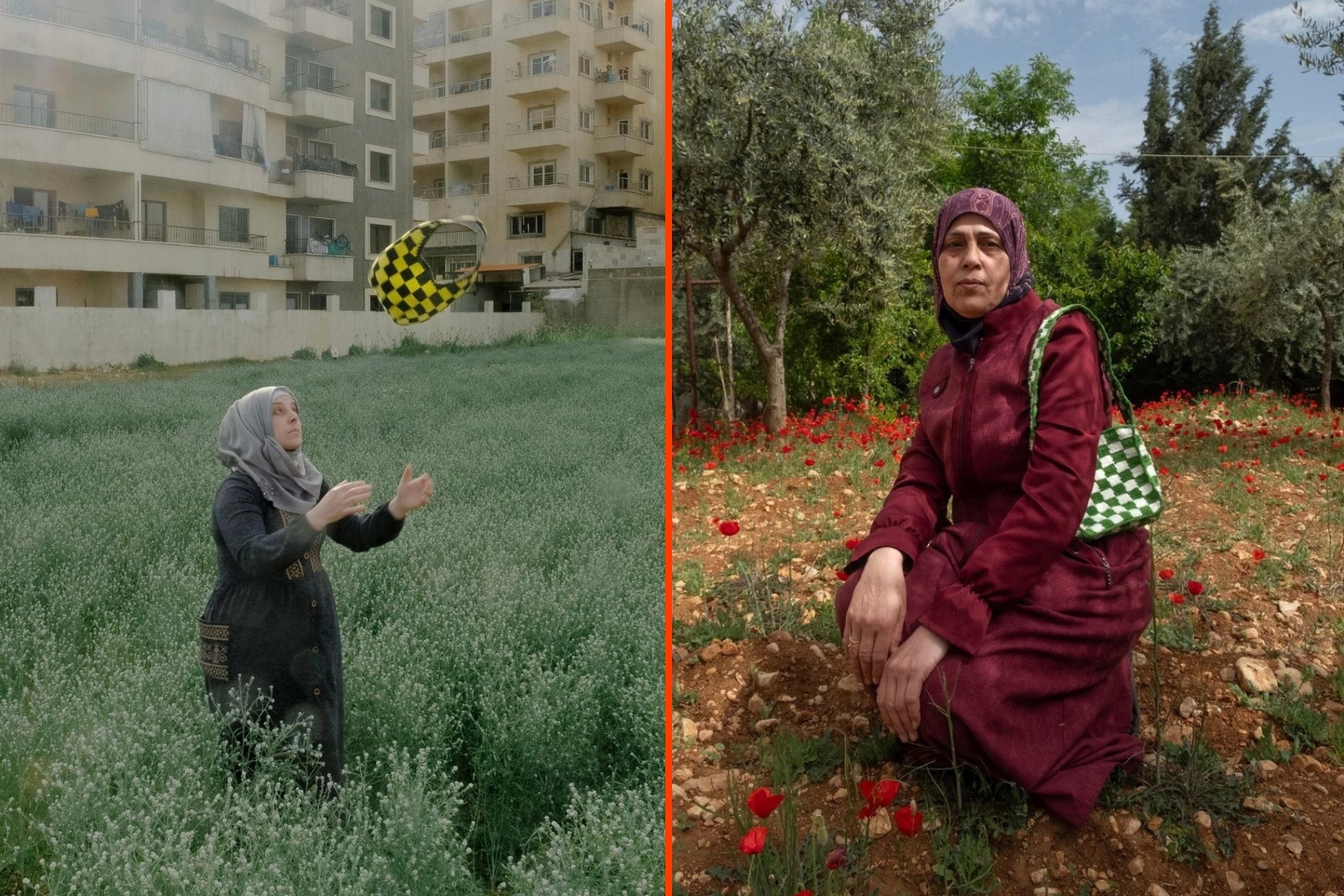 A composite image comprising two photographs of women with Lamsa crocheted bags, on the left throwing a yellow and black checked one up in the air, on the right kneeling among trees with a green and white checked one on her shoulder