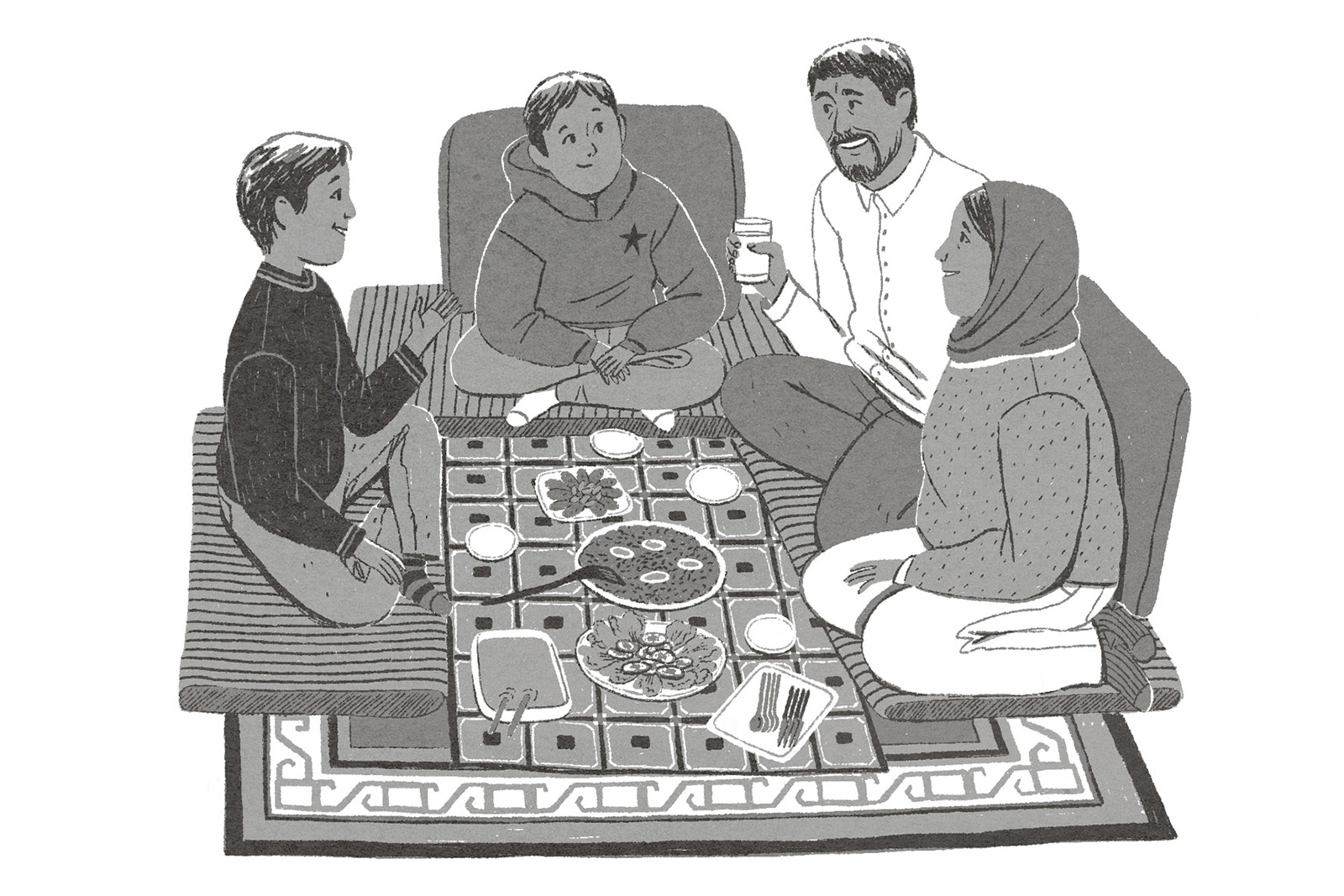 An illustration from The Other Boy showing Hamed Amiri and his family sitting down to have a picnic