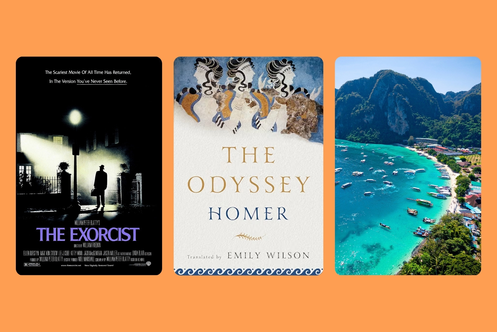 A composite image comprising photographs of three of Shabaz Ali's favourite things, from left to right: Film poster for The Exorcist, The Odyssey by Homer, Phi Phi Island in Thailand