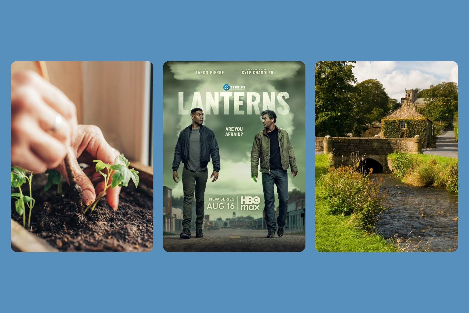 Left: gardening, Lantern TV series, English village of Downham in the Ribble valley in Lancashire.
