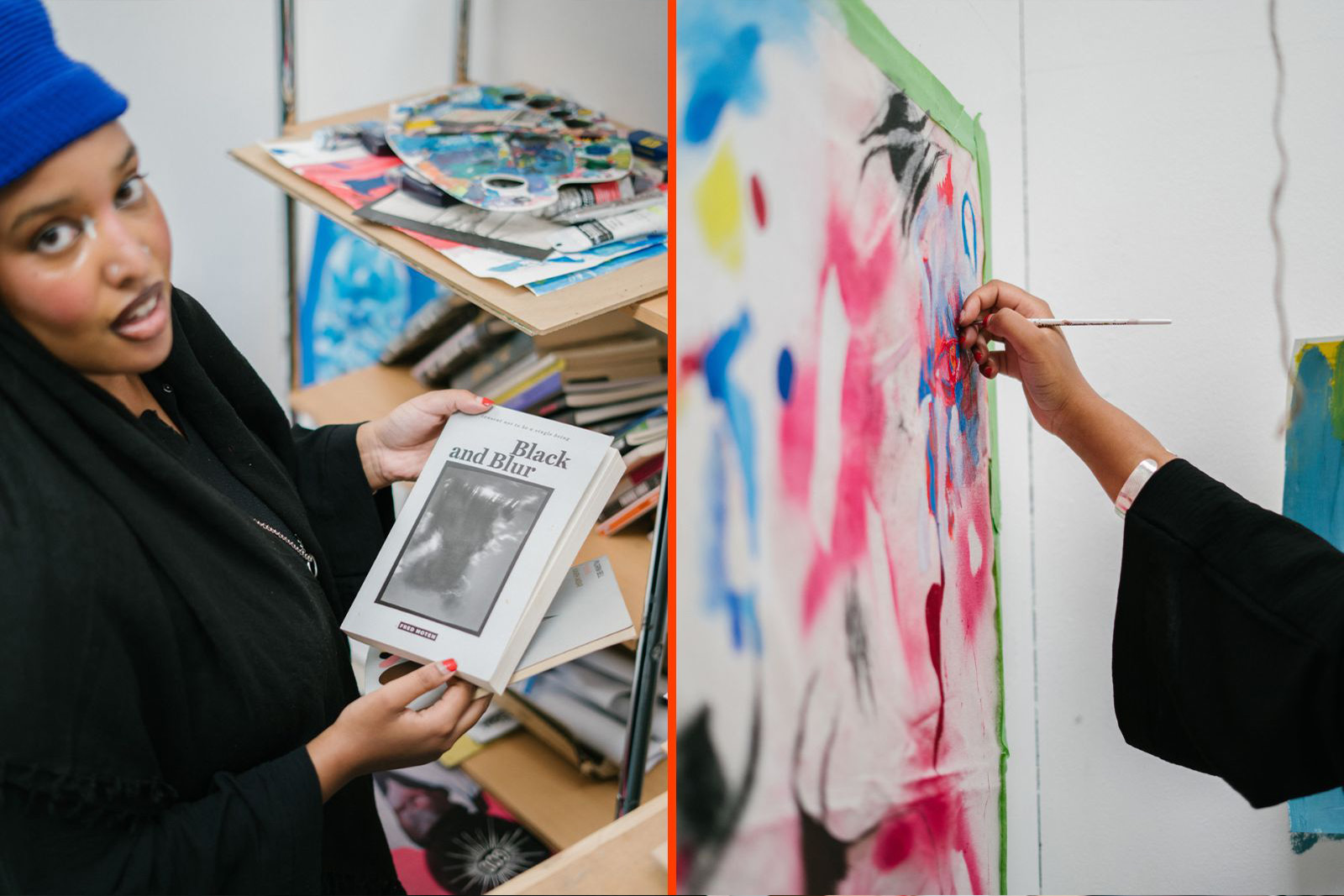 A composite image comprising two photographs of Asmaa Jama at work in her studio, on the left, holding a book, Black and Blur, towards the camera; and on the right, a close-up of Jama's right hand holding a paint brush against a canvas