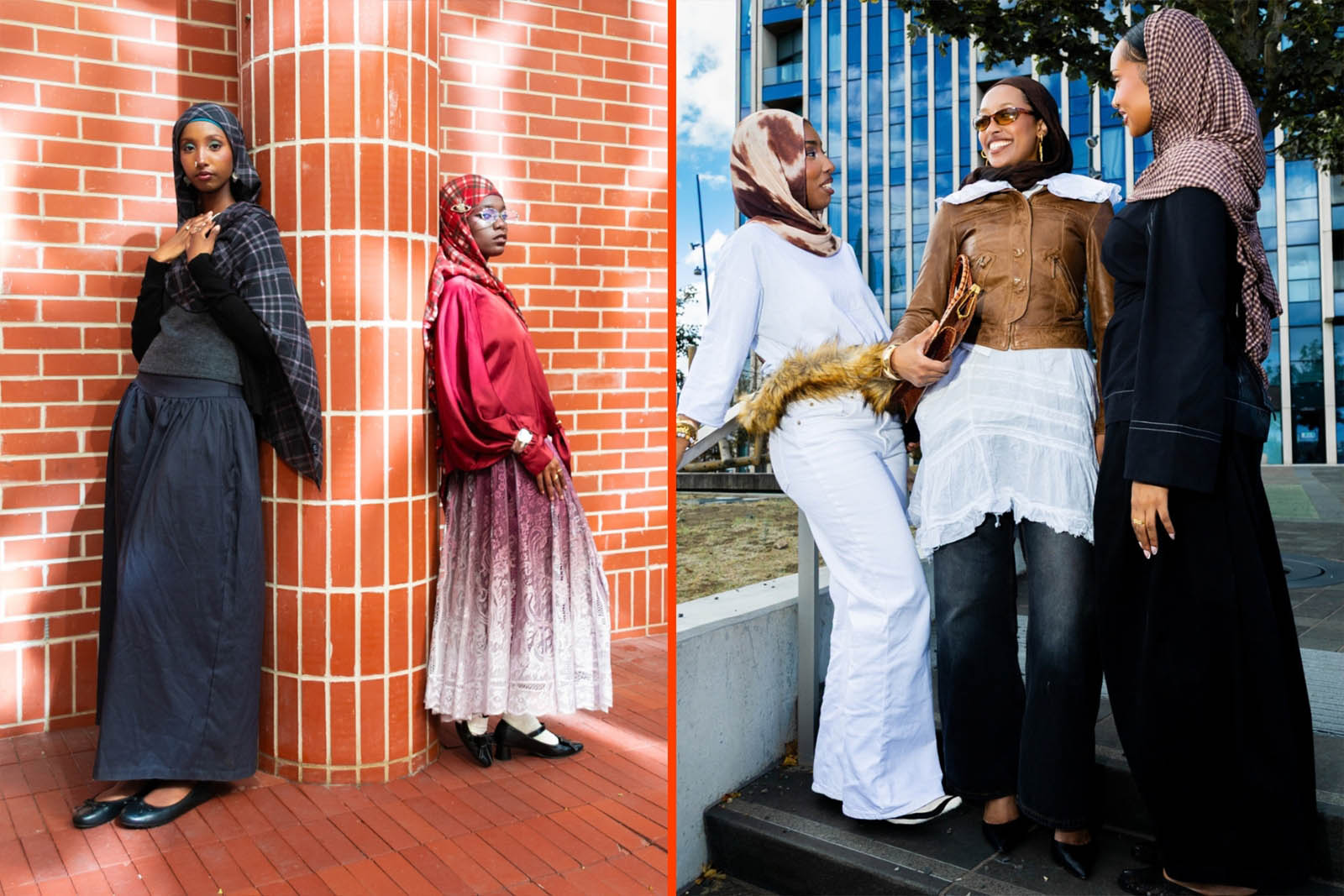 A composite image comprising two photographs of women modelling Iftin hijabs: on the left, two models standing either side of a tiled pillar; on the right, three modesl posing together in a public square with an office building in the background