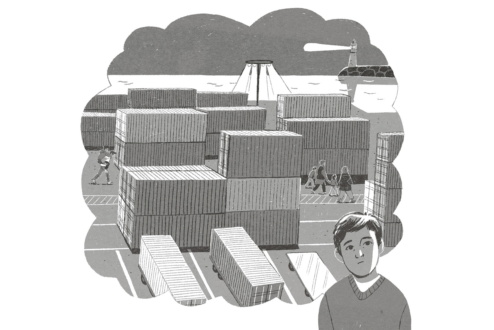 An illustration from The Other Boy depicting Hamed Amiri's childhood experience as a refugee, showing his family walking through stacks of containers in a port