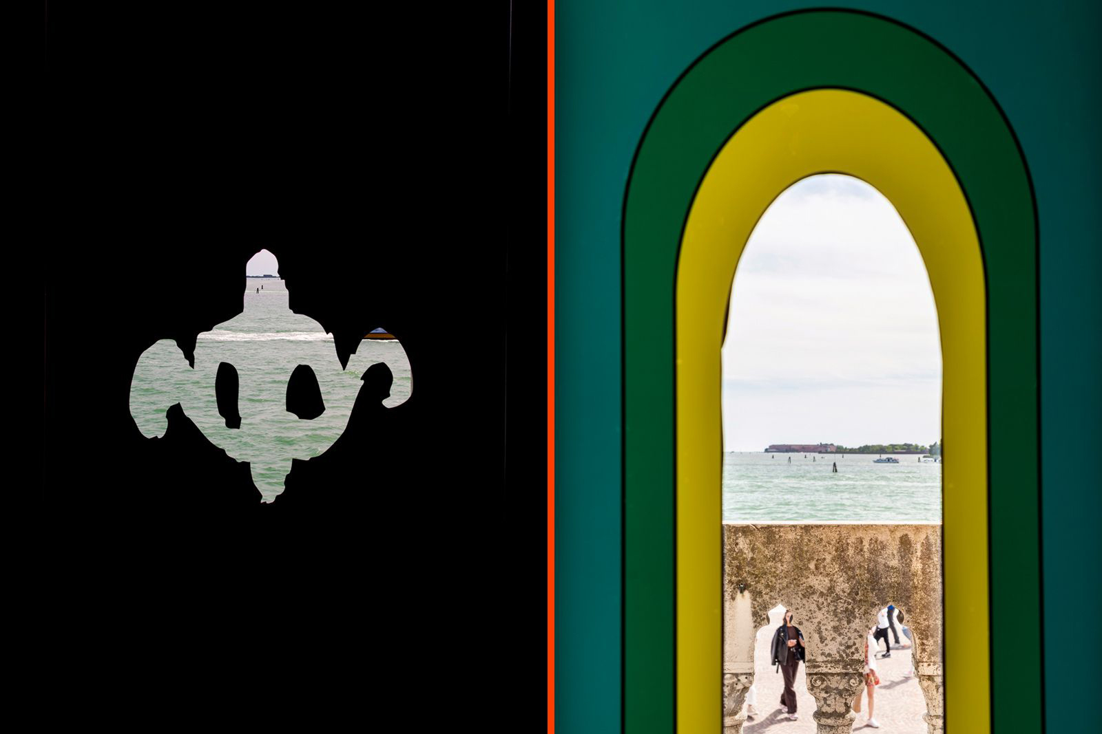 A composite image comprising two photographs of works that are part of Asmaa Jama's Venice exhibition. Both mix painting overlayed on photographs to give the viewer the impression they are looking out of portals at the sea