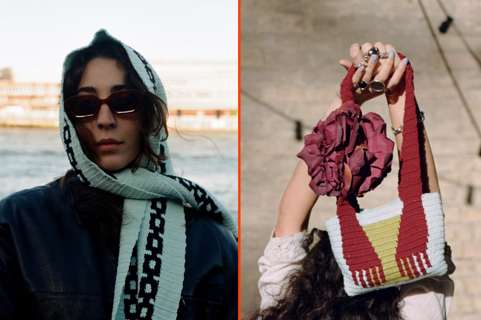 A composite image comprising two photographs: on the left, a woman wearing sunglasses with a Lamsa hand-woven scarf wrapped round her head, on the right a woman holding a Lamsa bag above her head