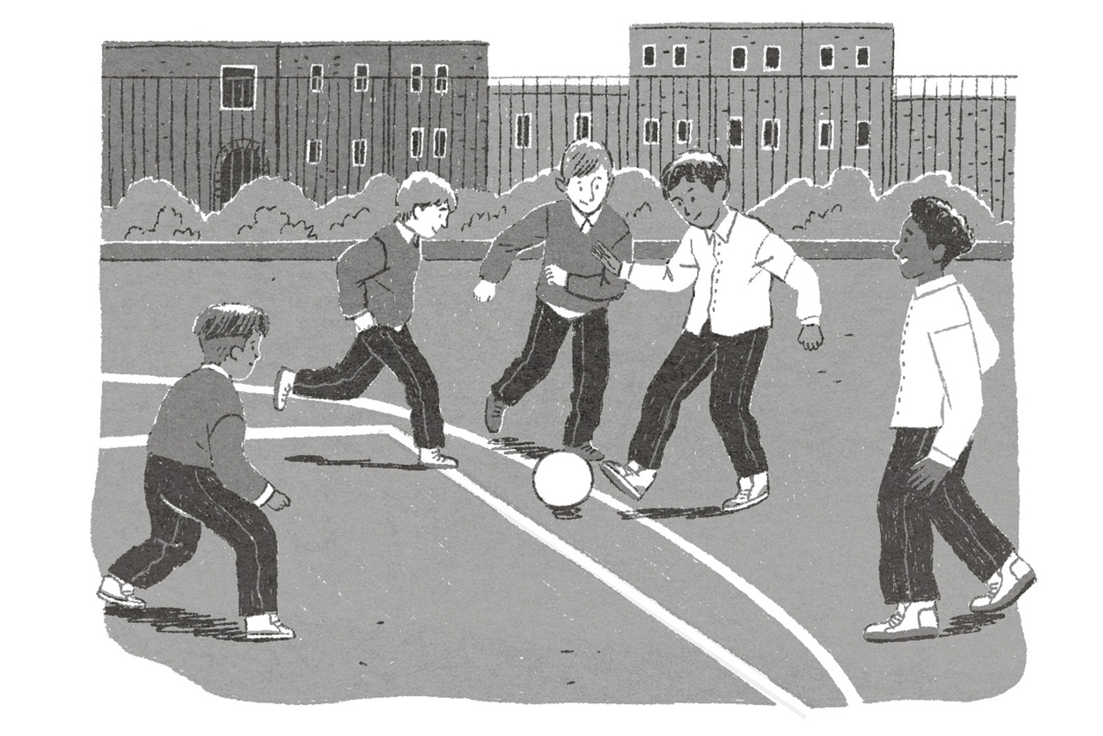 An illustration from The Other Boy showing Hamed Amiri playing football with other children