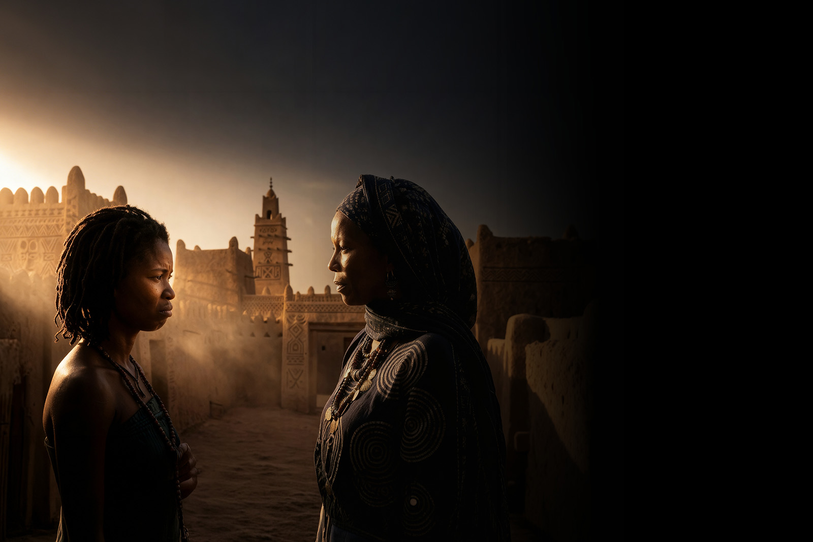 A stylised promotional photograph for Inua Ellams' play Once Upon A Time in Sokoto, featuring two woman in traditional Nigerian clothing