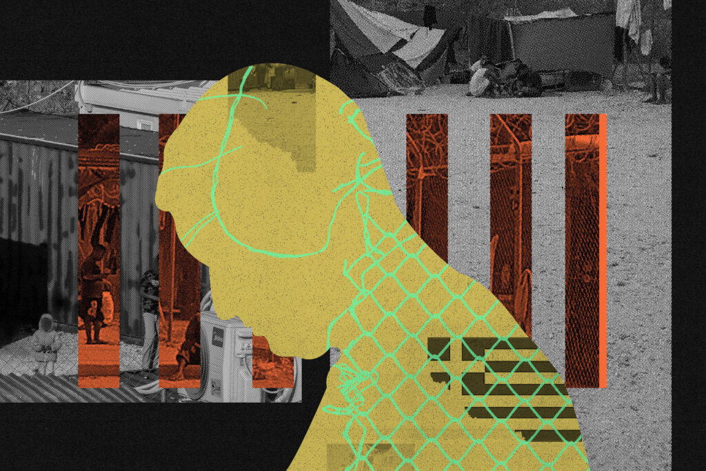 The outline of a man's profile looking down, with barbed wire and the Greek flag within his silhouette. Behind him are graphic treatments of photos showing asylum camps
