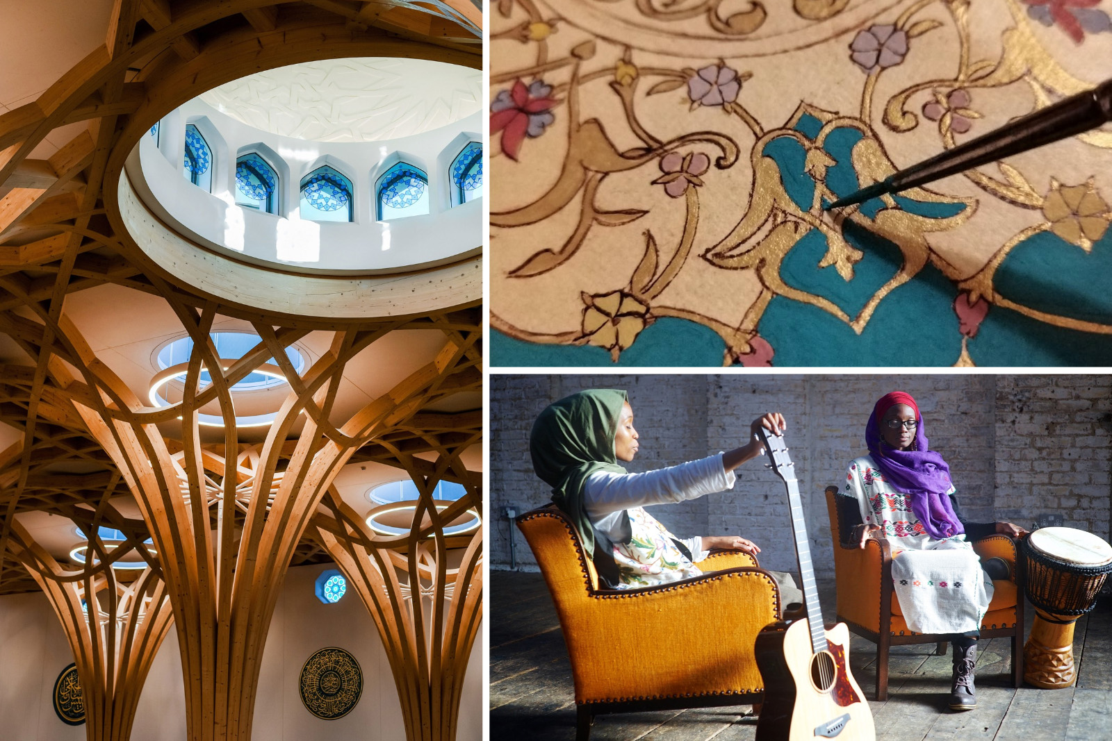 A composite image comprising three photographs, clockwise from left: the interior of Cambridge Central Mosque; art by Zahra Halepota, curator Ash Shams wal Qamar exhibition; Pearls of Islam