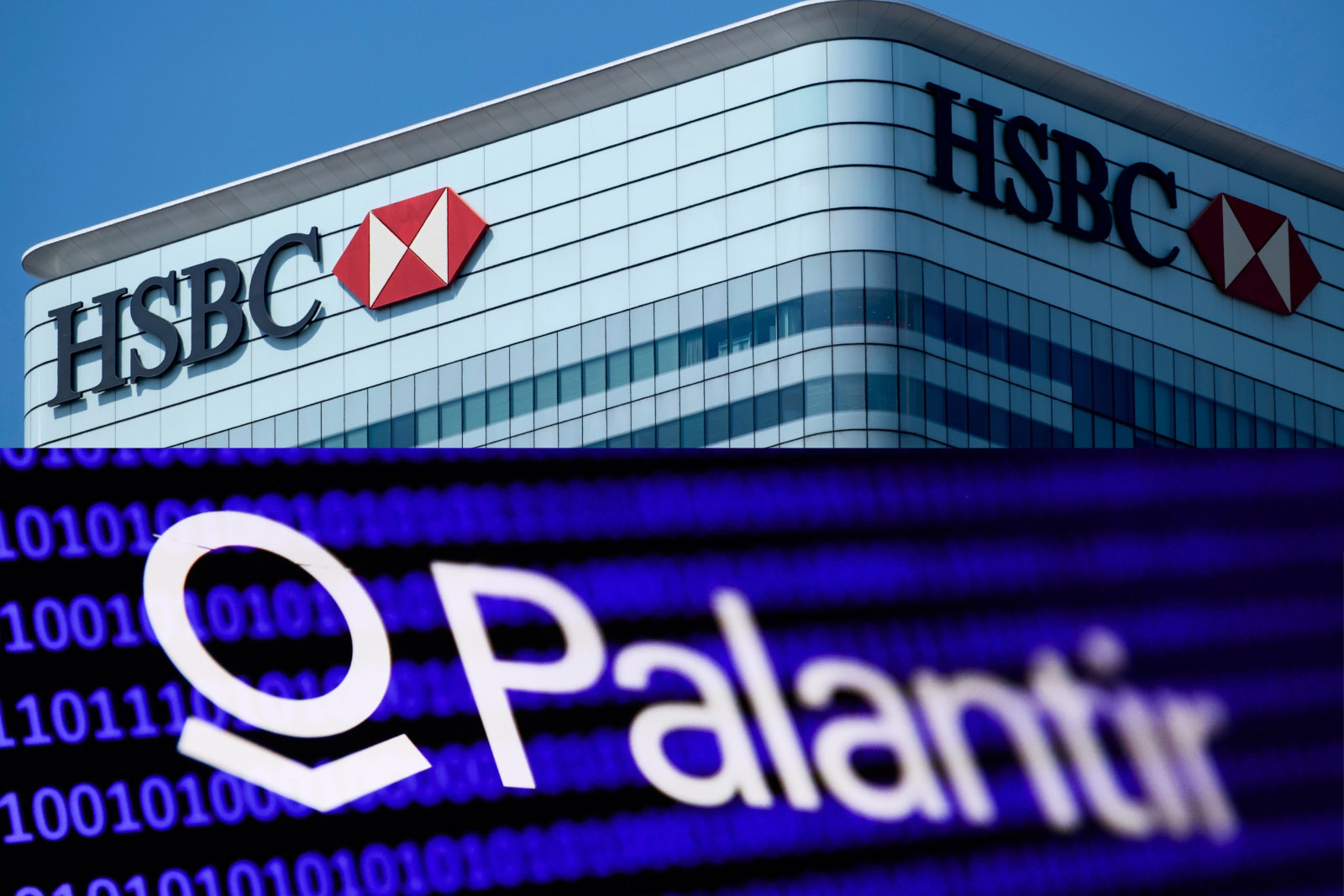 A composite image comprising two photographs: top, an HSBC corporate logo at the top of an office block; bottom, A Palantir corporate logo superimposed on digital text of 0s and 1s