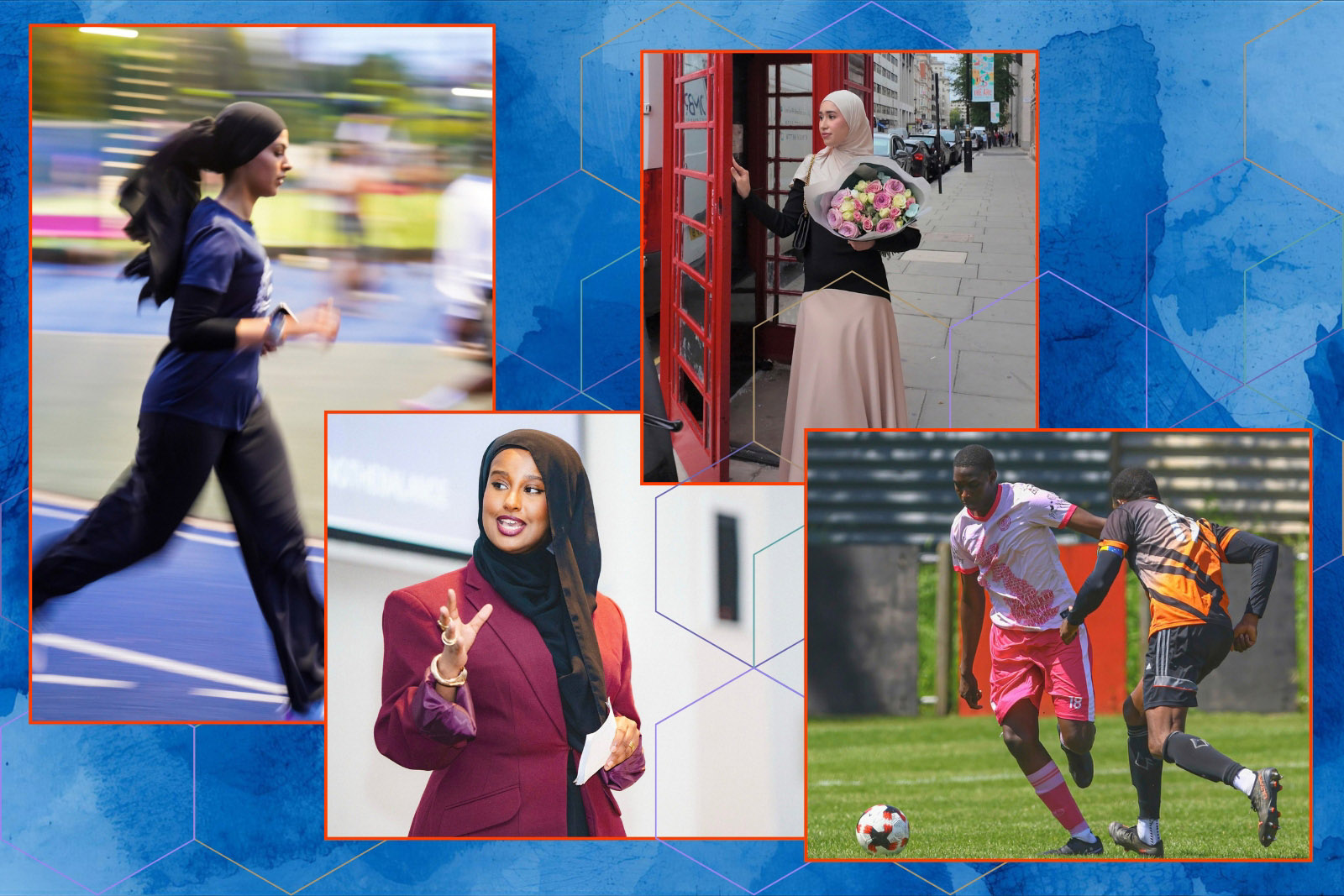 A composite image featuring photographs of four young people taking part in the Great Lock-in 2026 to motivate themselves to reach personal goals. From left to right: Aisha Hussain, running; Nafisa Darod delivering a public speech; Malek Bouraine standing in the doorway of a red phone box with a bunch of flowers; Baboucar Badjie playing football