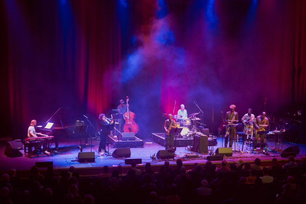 A photograph of musicians performing on stage at the Barbican during the Take Five celebration at the EFG London Jazz Festival 2025