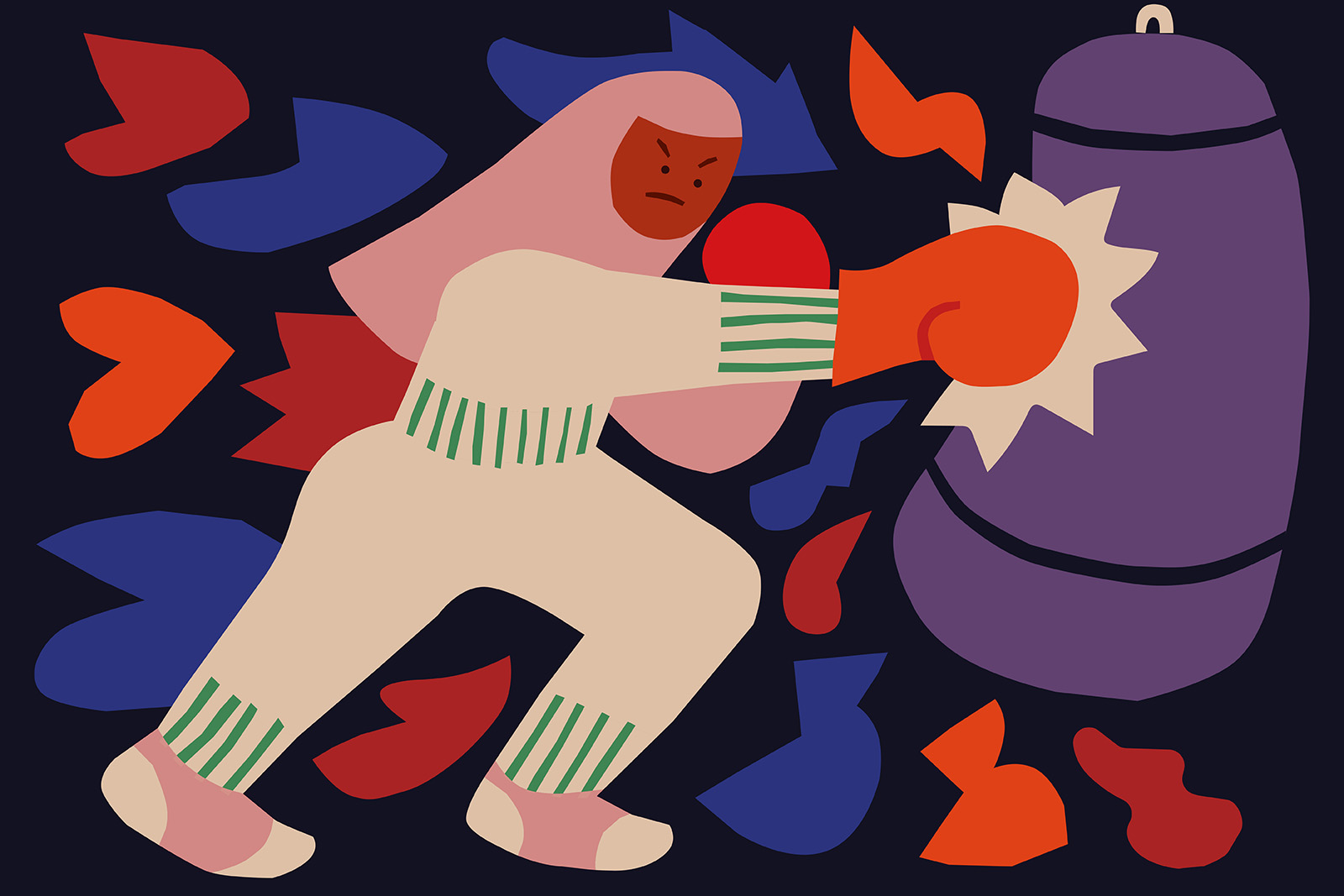 Illustration for an article about maternal rage and how to deal with it, featuring a woman wearing boxing gloves and hitting a punchbag