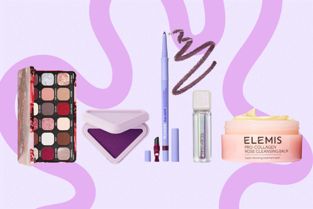 Products left to right: Revolution Forever Flawless Eyeshadow Palette Cherry Rebel Red, Prada Touch cream-to-powder colour, Kosas Soulgazer Intensifying Gel Eyeliner, About Face Holographic Eye Paints, Elemis Pro-Collagen Rose Cleansing Balm