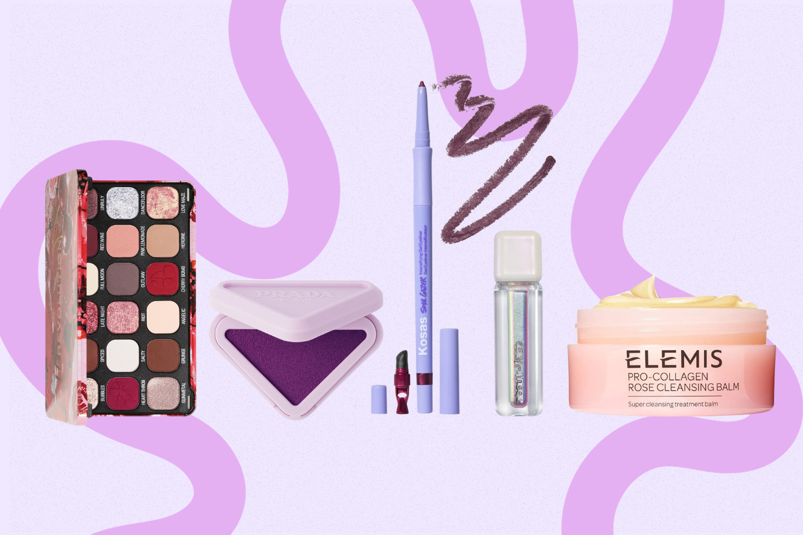 Products left to right: Revolution Forever Flawless Eyeshadow Palette Cherry Rebel Red, Prada Touch cream-to-powder colour, Kosas Soulgazer Intensifying Gel Eyeliner, About Face Holographic Eye Paints, Elemis Pro-Collagen Rose Cleansing Balm