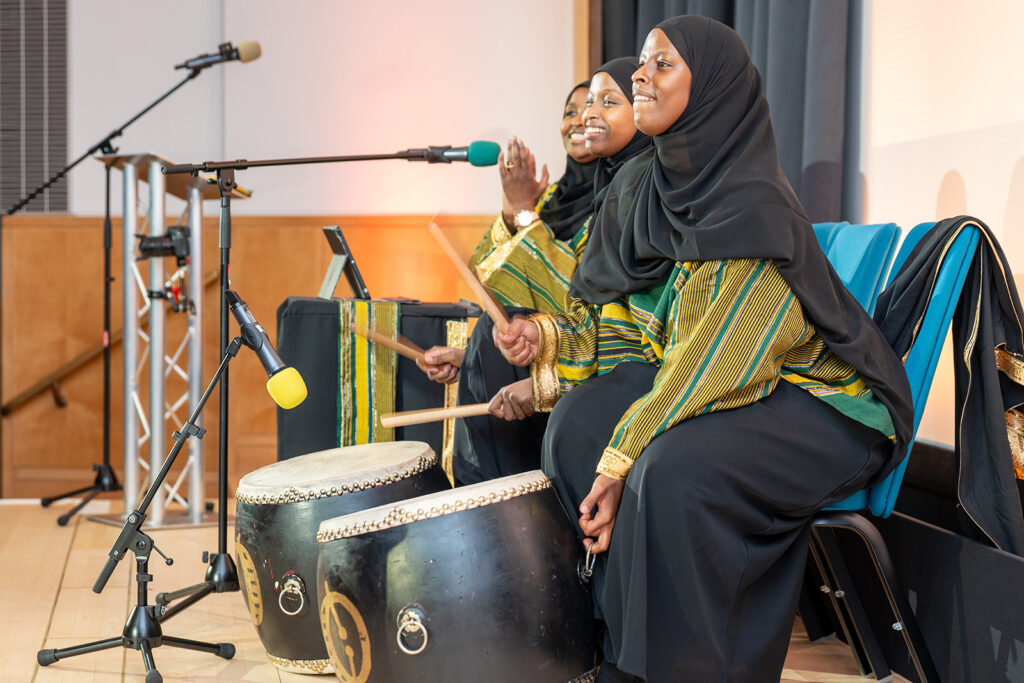 Dance group Canab Cuud, which specialises in buraanbur, a traditional form of women's poetry and song, at the Somali Week Festival 2025 launch at the British Library