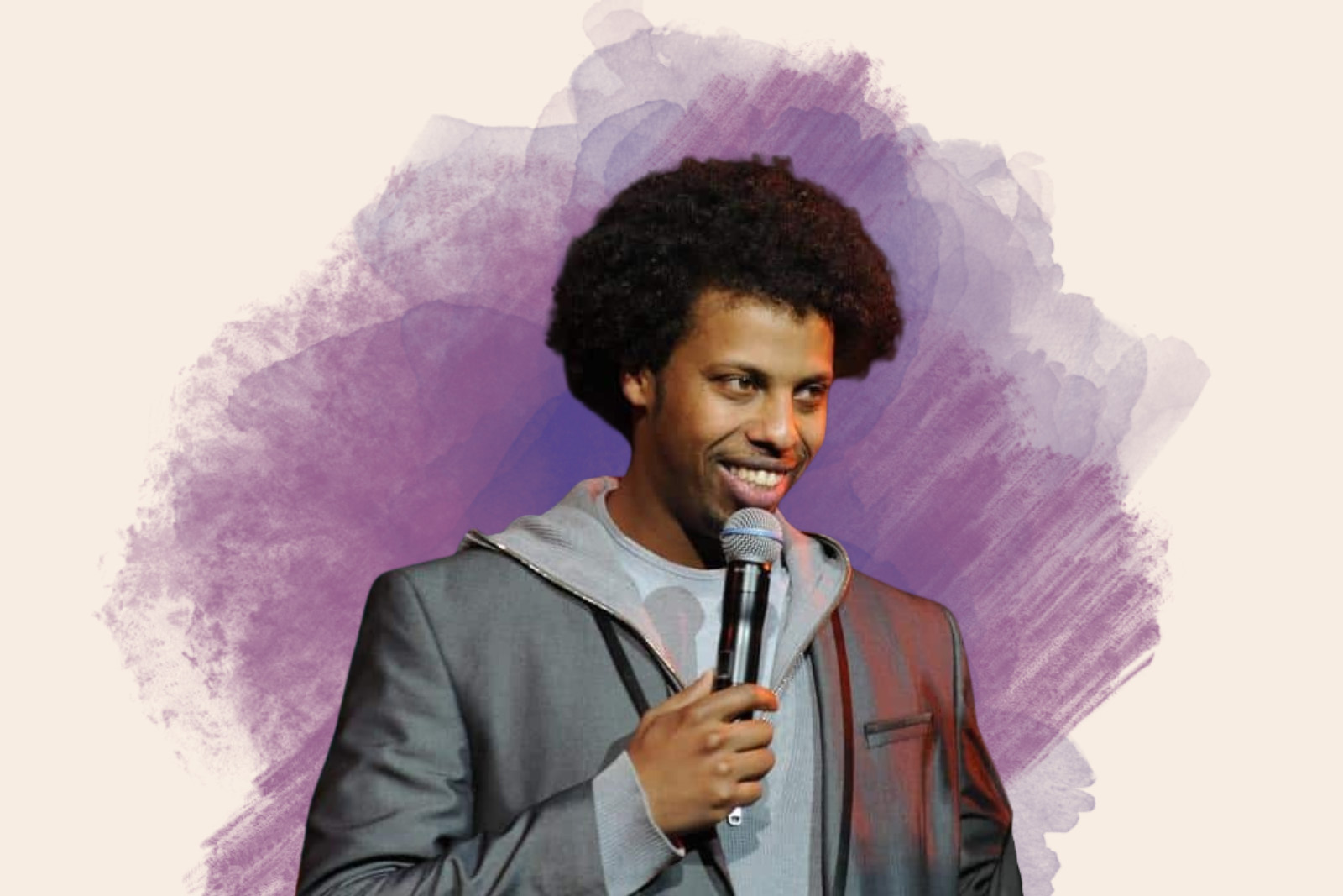 A composite image, featuring a photograph of standup comedian Prince Adbi holding a microphone, against a graphic artwork backdrop