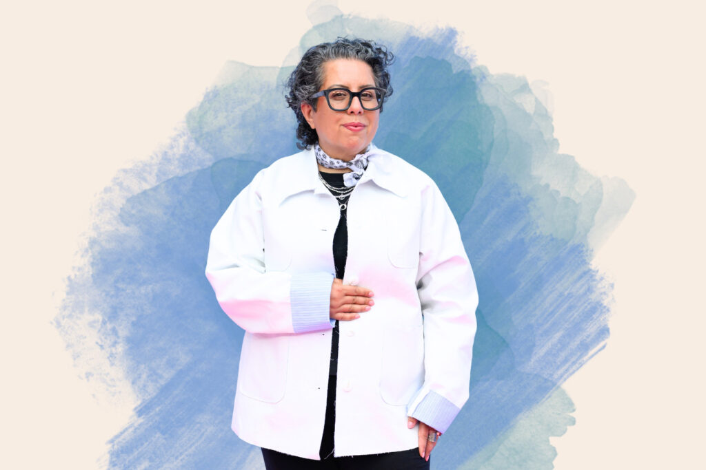 A portrait image of film-maker Tina Gharavi